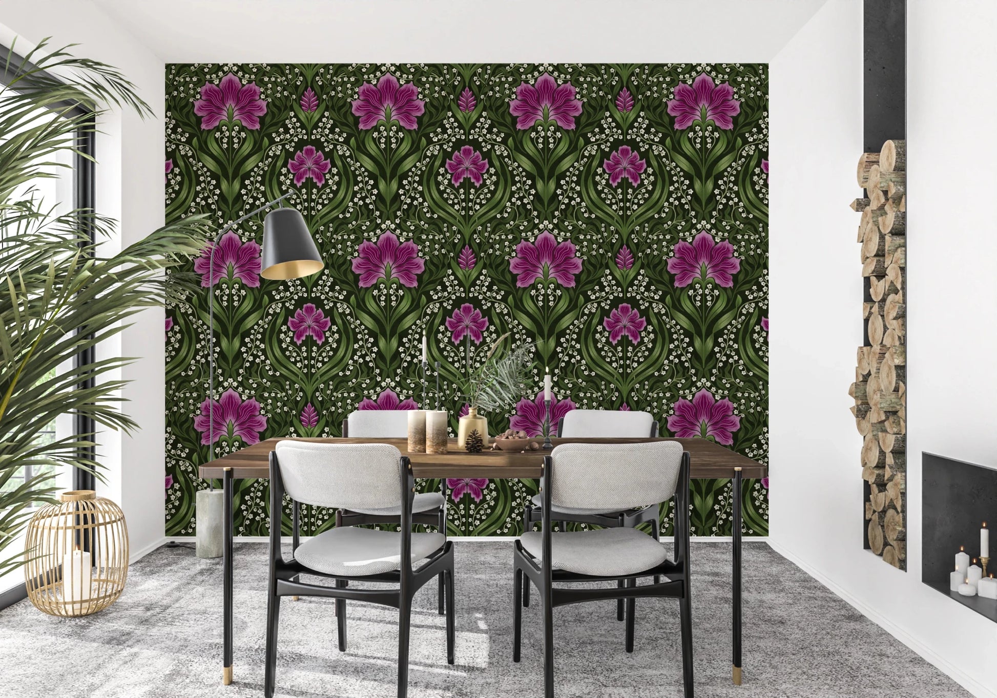 Intricate floral damask - purple Wallpaper⁠