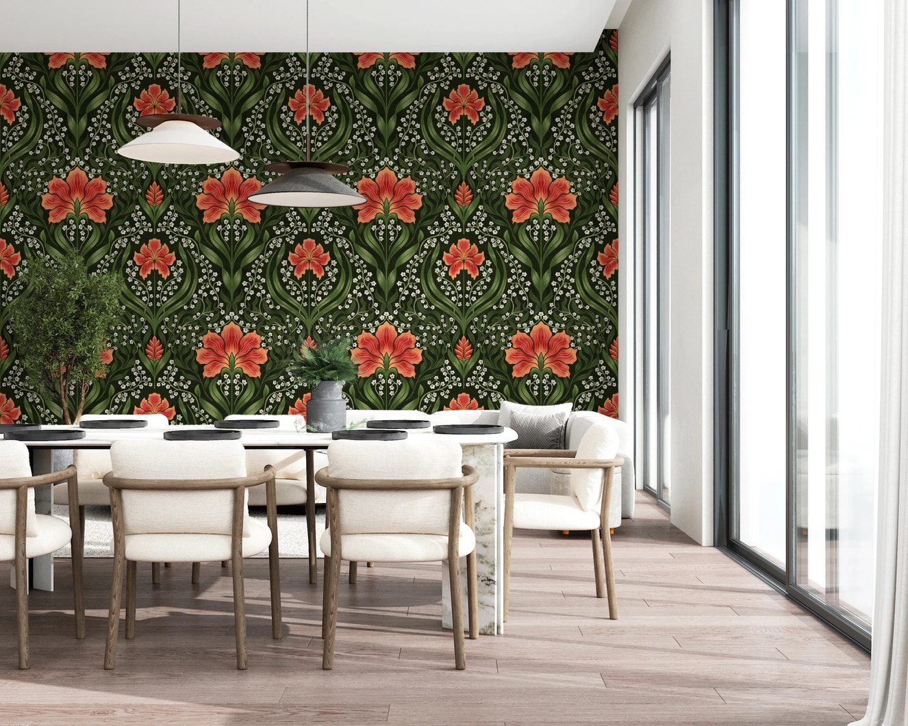 Intricate floral damask - red Wallpaper⁠