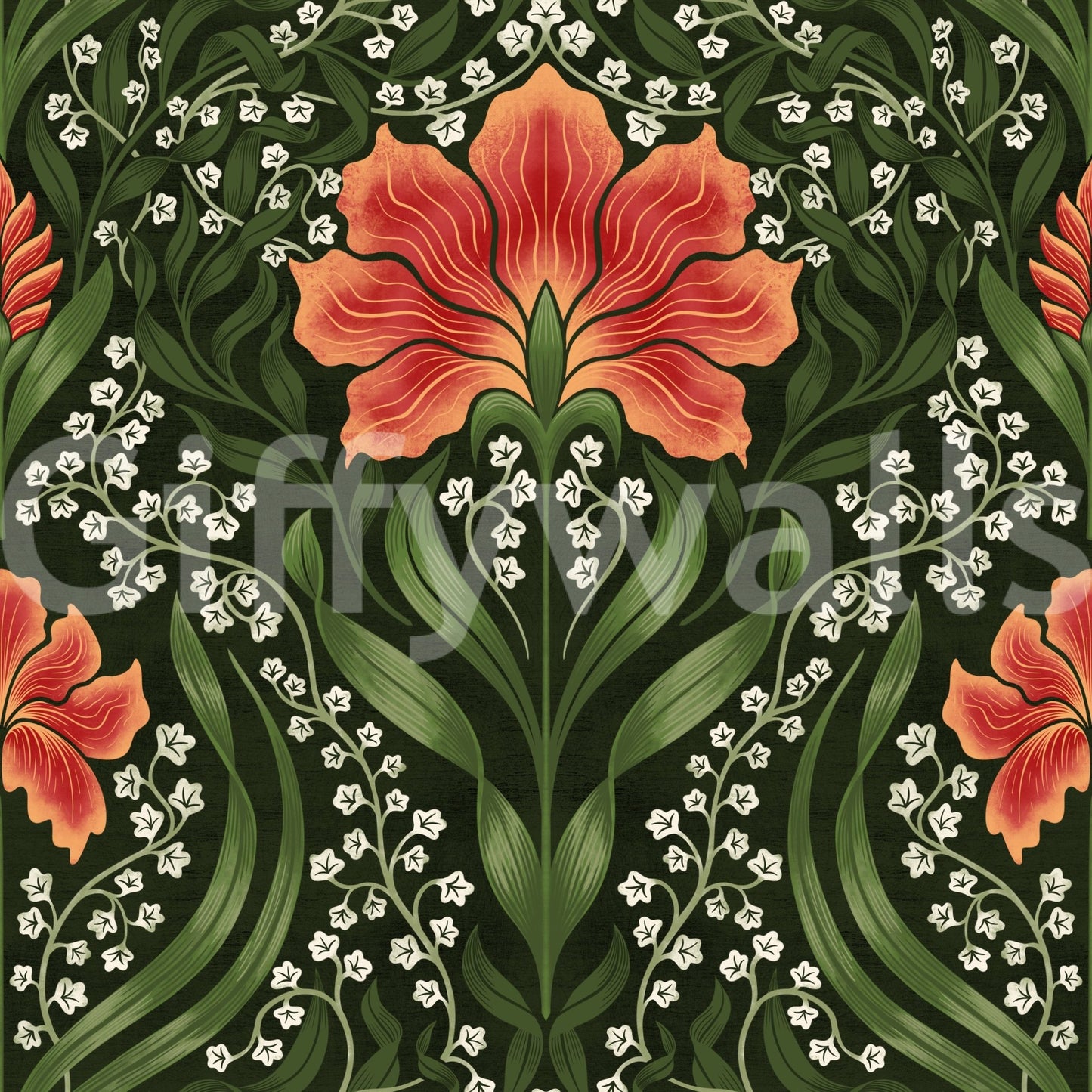 Intricate floral damask - red Wallpaper⁠