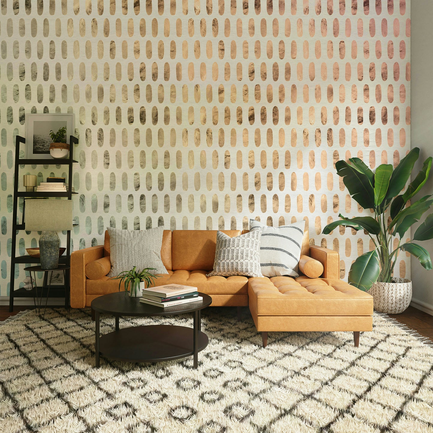 Soft white wall mural with iridescent oval details for a chic room.

