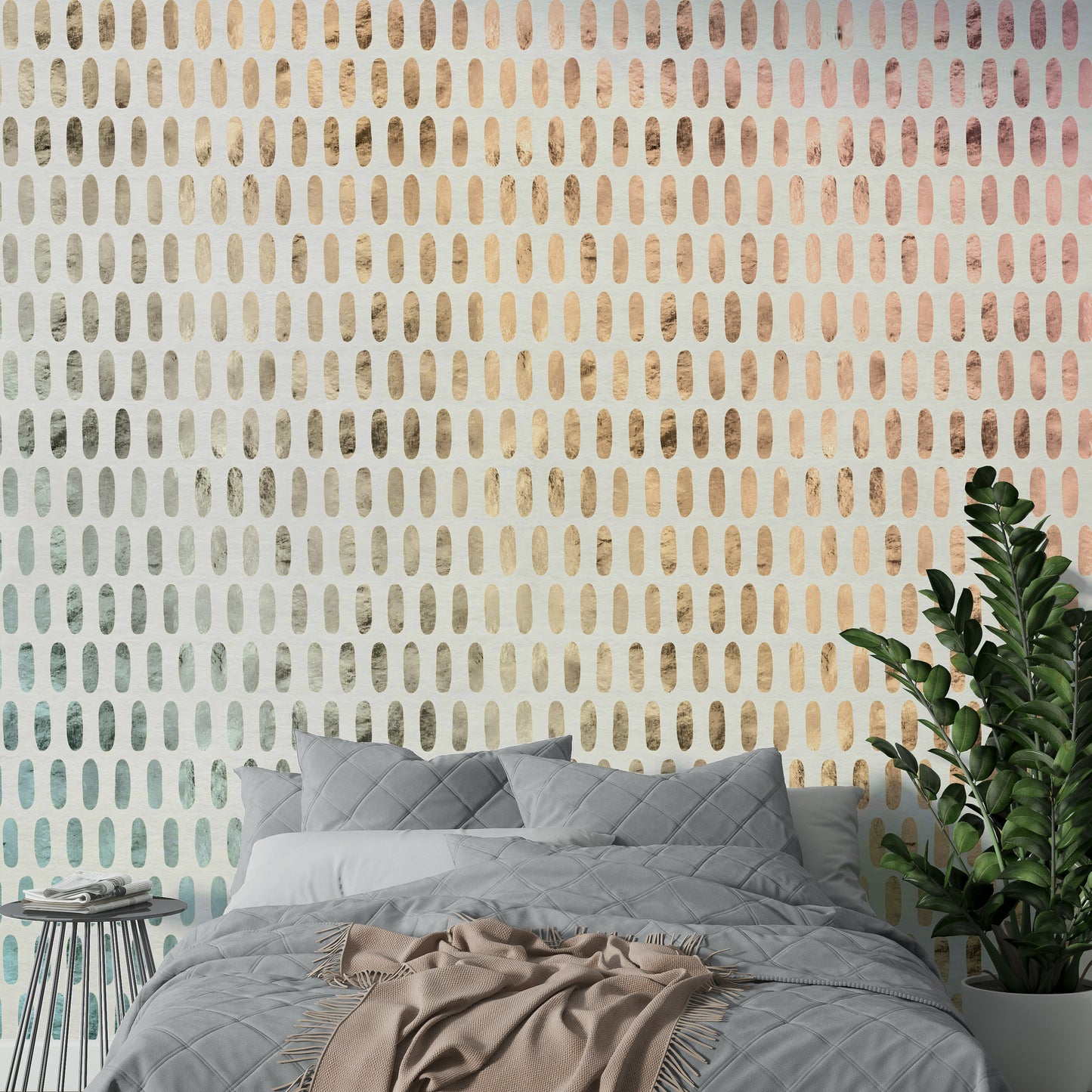Translucent iridescent ovals on soft white wall mural for a sleek look.

