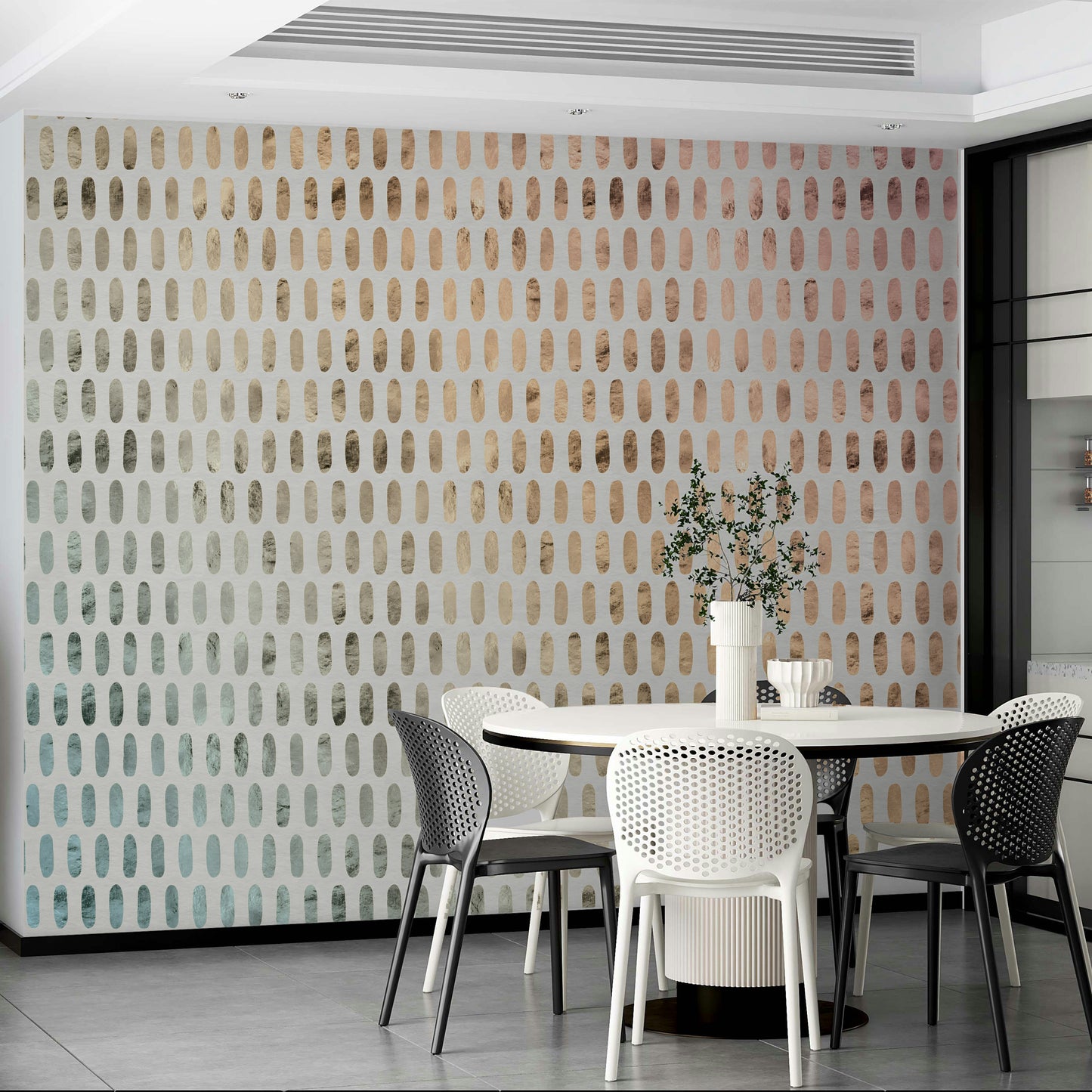 Elegant iridescent ovals in a soft white background mural.

