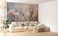 Iris Pale Pastel Floral wallpaper mural of pink and lilac irises behind a cream sectional sofa in a living room