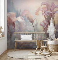 Iris Pale Pastel Floral wallpaper mural of dreamy irises behind a wood bench and rocking chair in a nursery