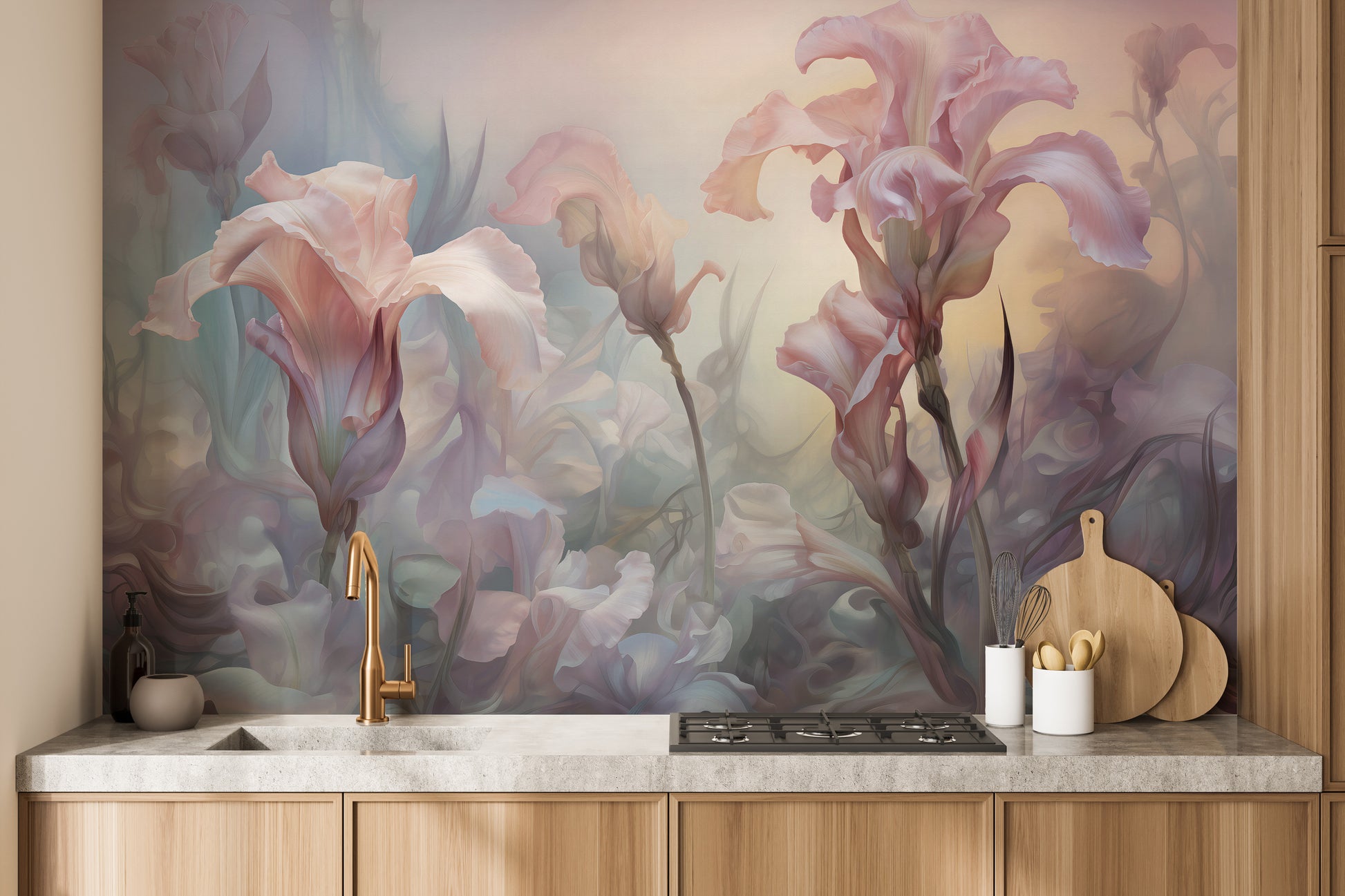 Iris Pale Pastel Floral wallpaper mural of pastel irises above wood cabinets and a brass kitchen faucet
