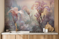 Iris Pale Pastel Floral wallpaper mural of pastel irises above wood cabinets and a brass kitchen faucet