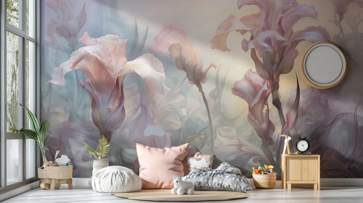 Iris Pale Pastel Floral wallpaper mural of soft pink irises behind a pink floor cushion in a kids room