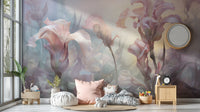 Iris Pale Pastel Floral wallpaper mural of soft pink irises behind a pink floor cushion in a kids room