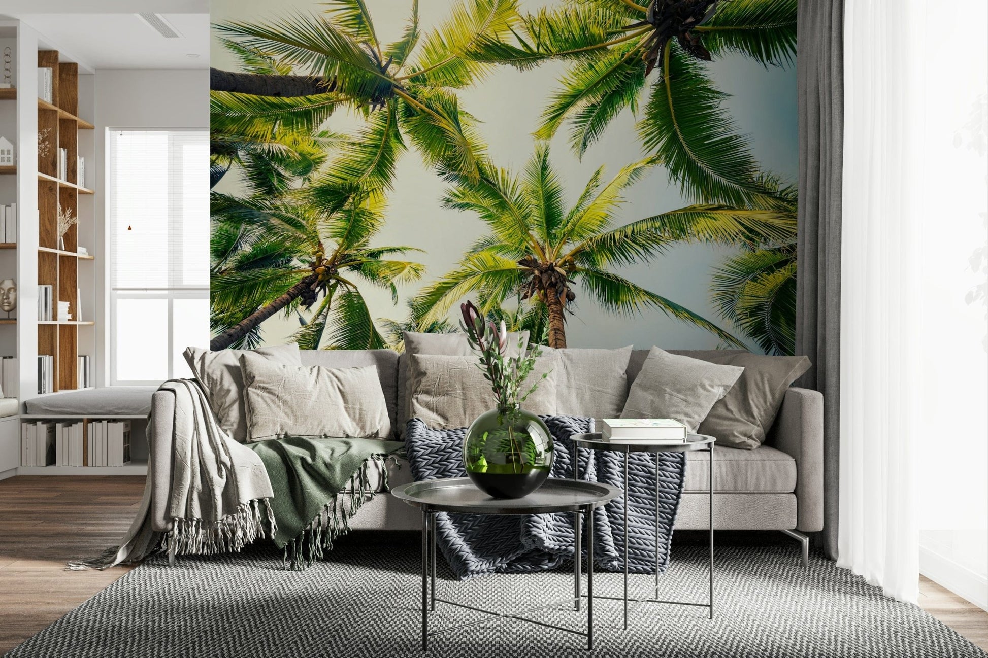 Palm tree photo, light and shadow play, Island Breeze room aesthetic wallpaper mural.