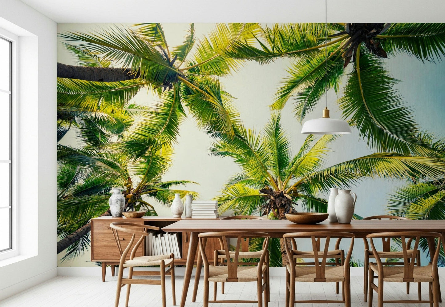Coconut tree tops, sunny weather image, Island Breeze wall covering.