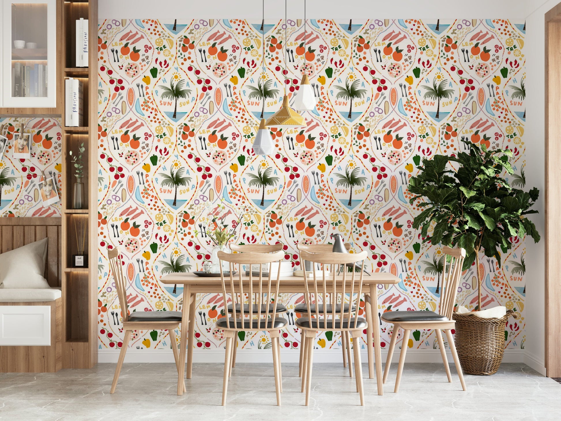A peaceful island table mural on decorative wallpaper.

