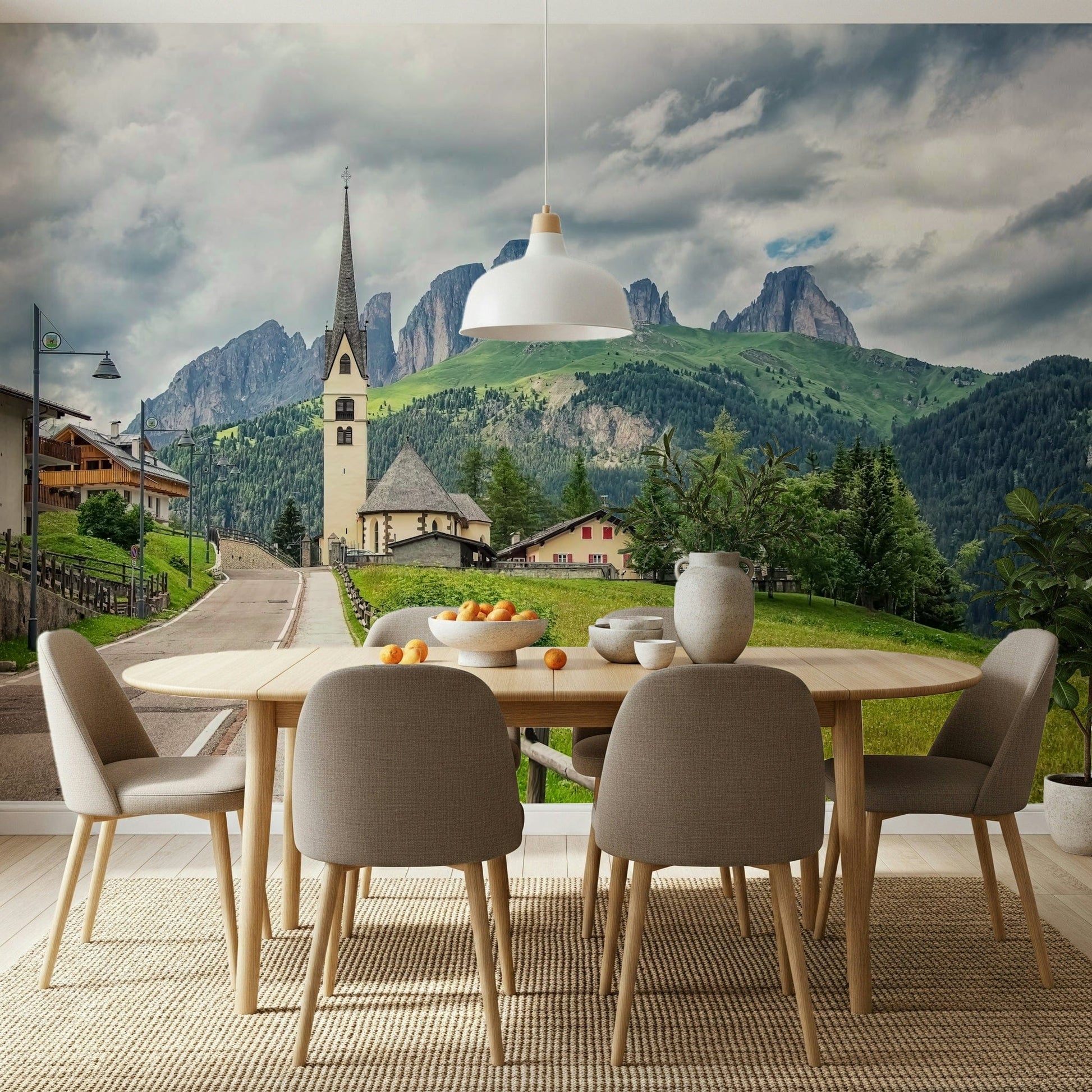 Italian Alps Vista wall mural, stunning mountain church view.
