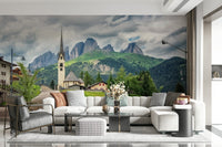 Custom wallpaper, Italian Alps Vista, winding road, stone church.