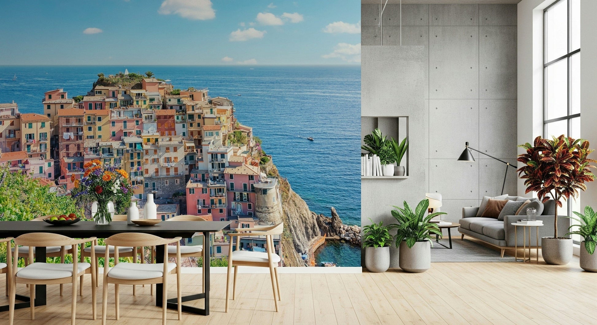 Italian coastline charm wall mural with subtle watercolor wallpaper details