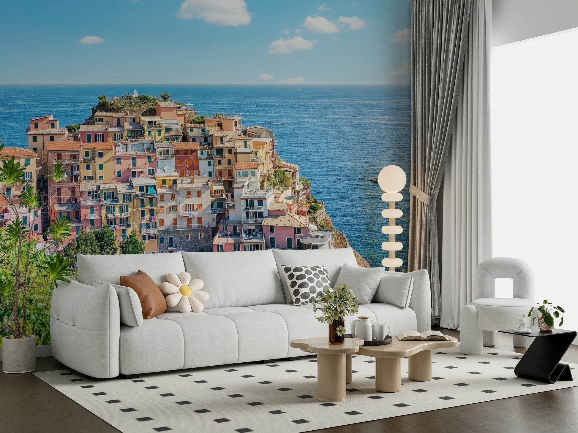 Oceanfront landscape Italian coastline charm mural in watercolor wallpaper