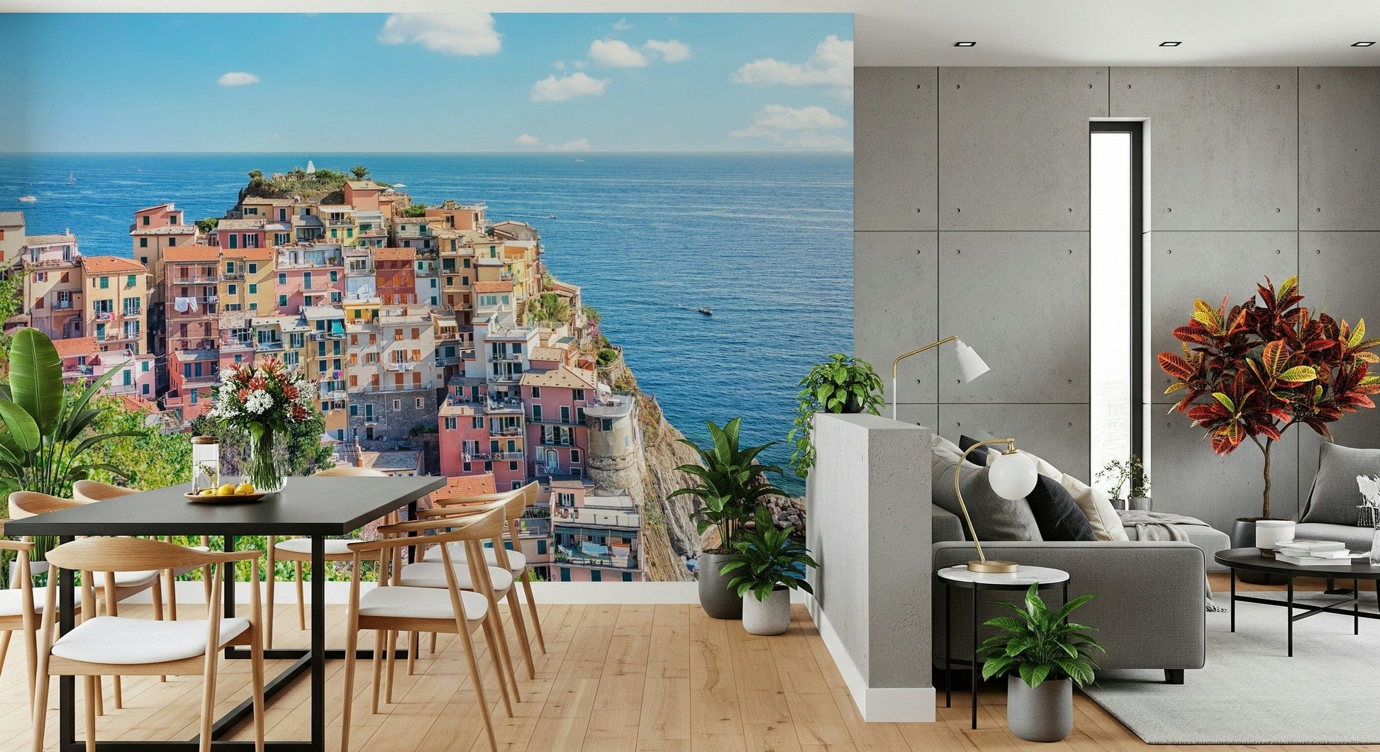 Artistic Italian coastline charm mural inspired by watercolor wallpaper style