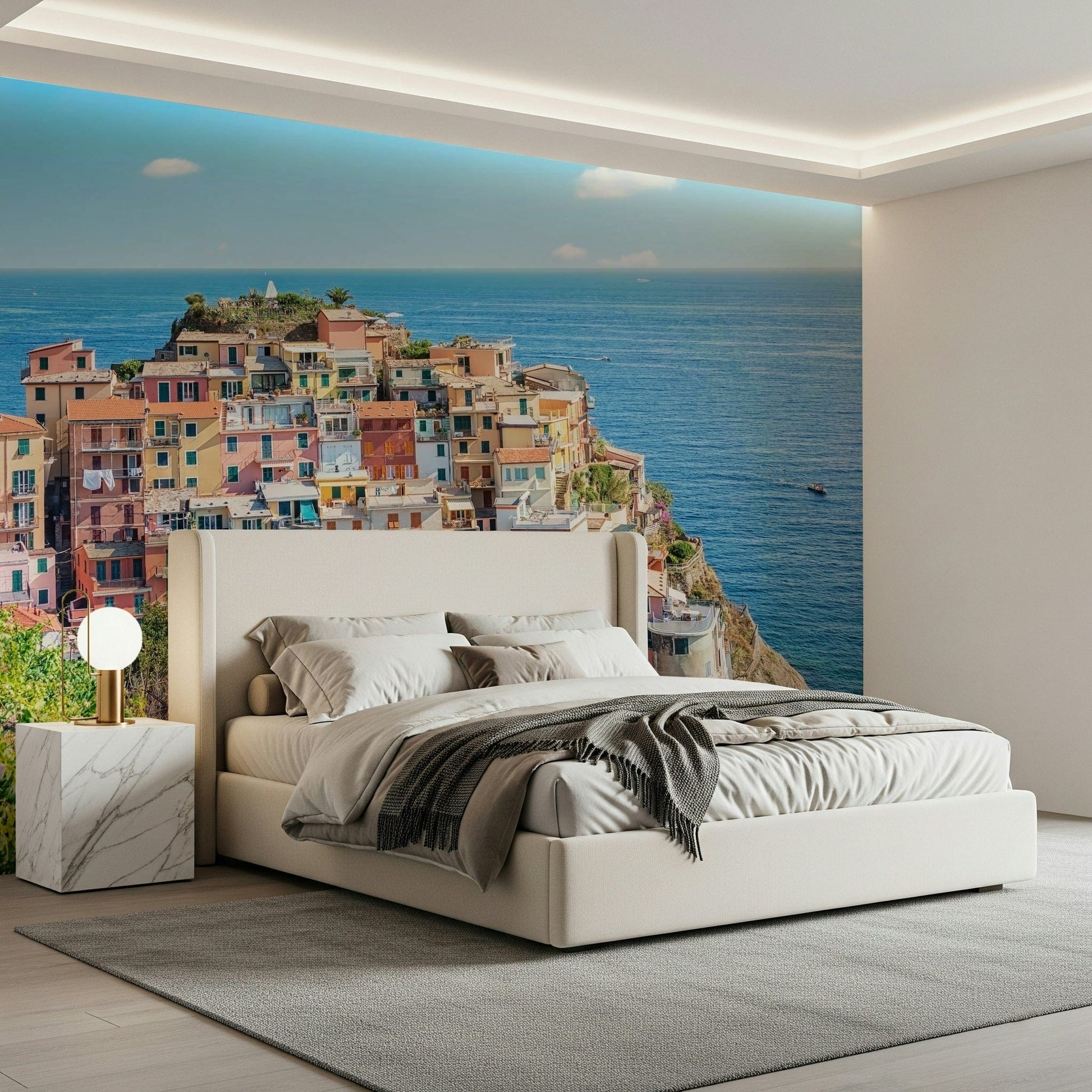 Hand-painted look Italian coastline charm mural watercolor wallpaper design