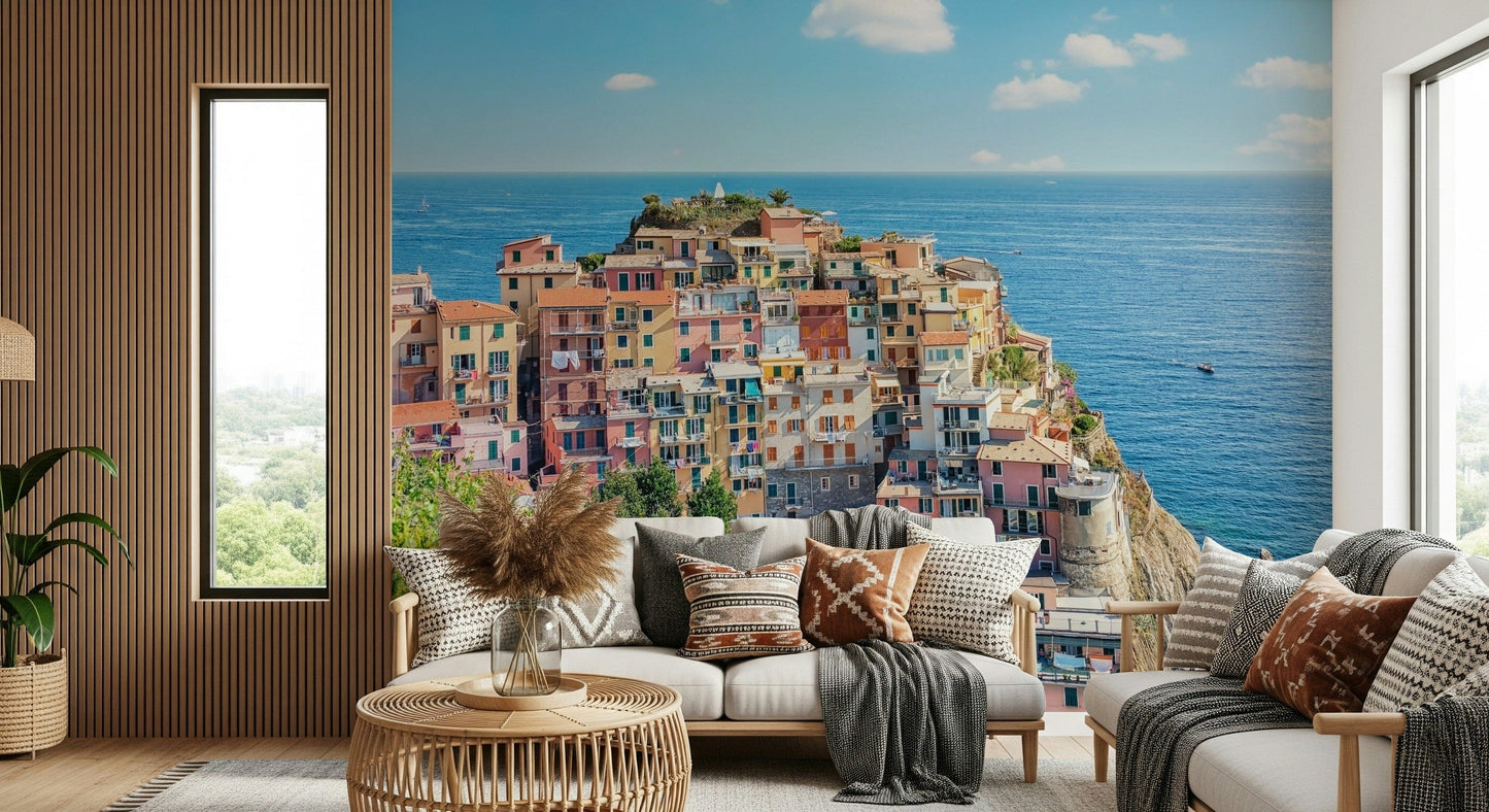 Coastal village view in Italian coastline charm watercolor wallpaper mural