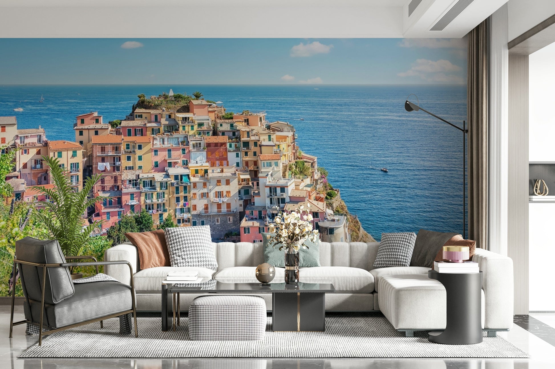 Scenic Italian coastline charm wall mural with watercolor wallpaper texture
