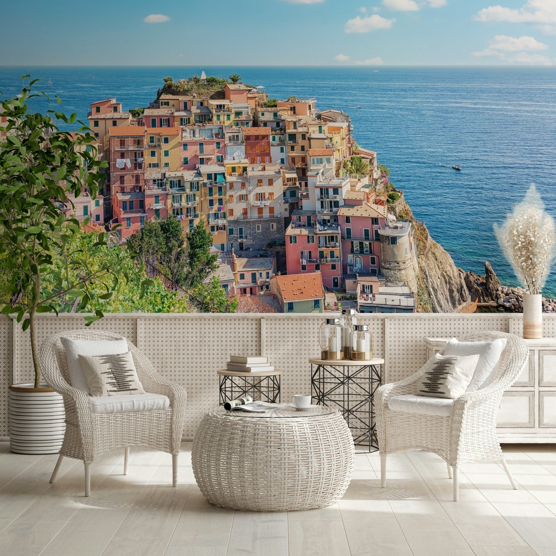 Italian coastline charm mural painted in calm watercolor wallpaper finish