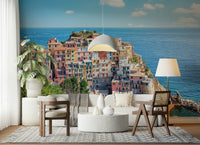 Italian coastline charm wall mural in soft tones, watercolor wallpaper style