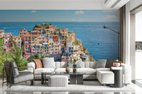 Scenic Italian coastline charm wall mural with watercolor wallpaper texture