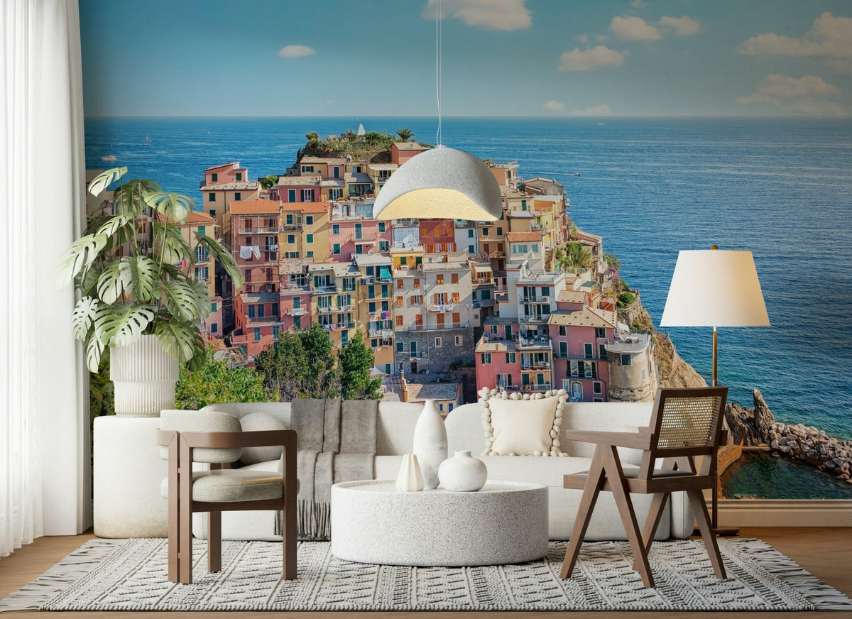 Italian coastline charm wall mural in soft tones, watercolor wallpaper style