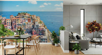 Artistic Italian coastline charm mural inspired by watercolor wallpaper style