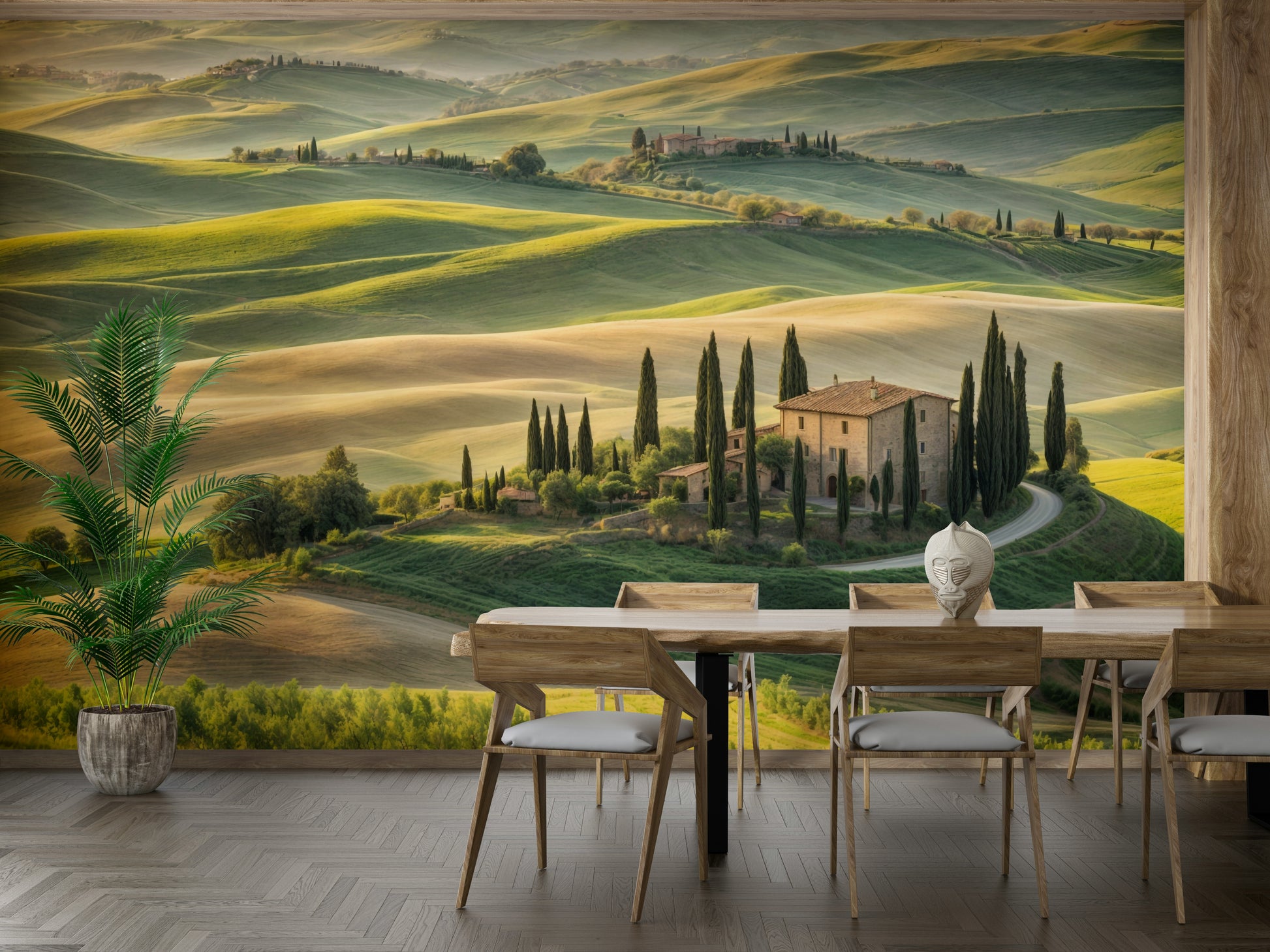 Italian villa and cypress trees view

