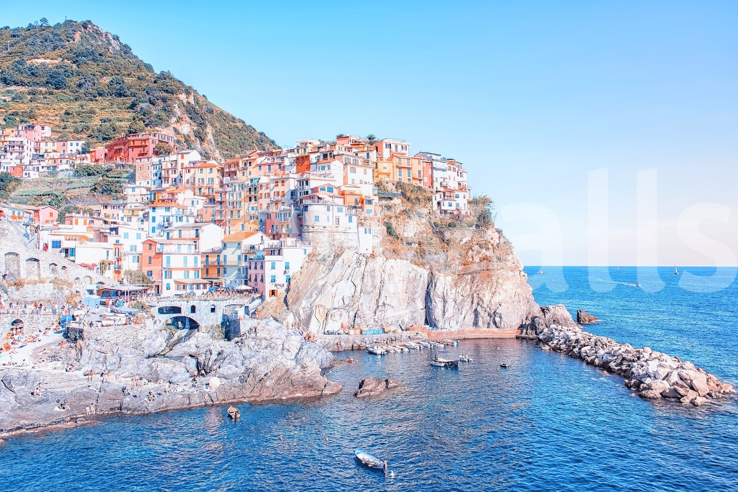 Serene Italian Village wallpaper mural near calm harbor waters.