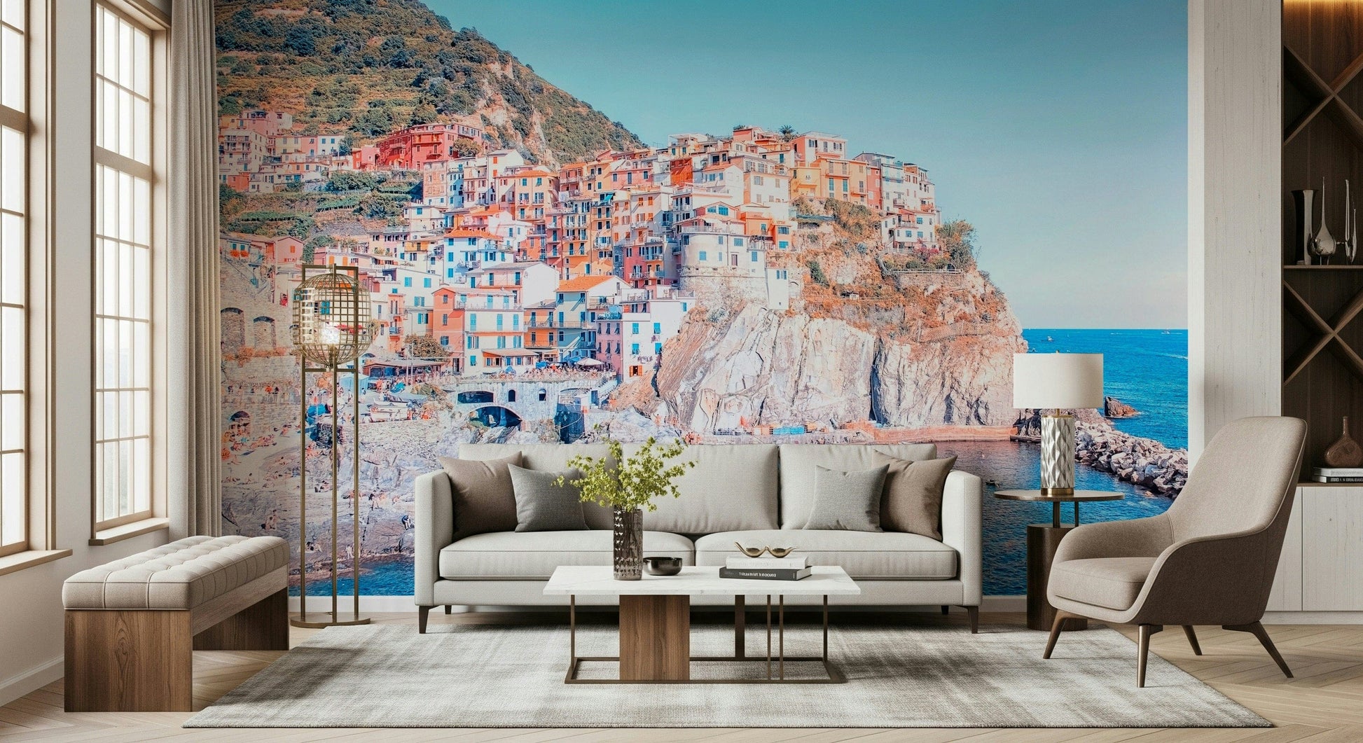 Italian Village wallpaper for walls displaying summer harbor views.