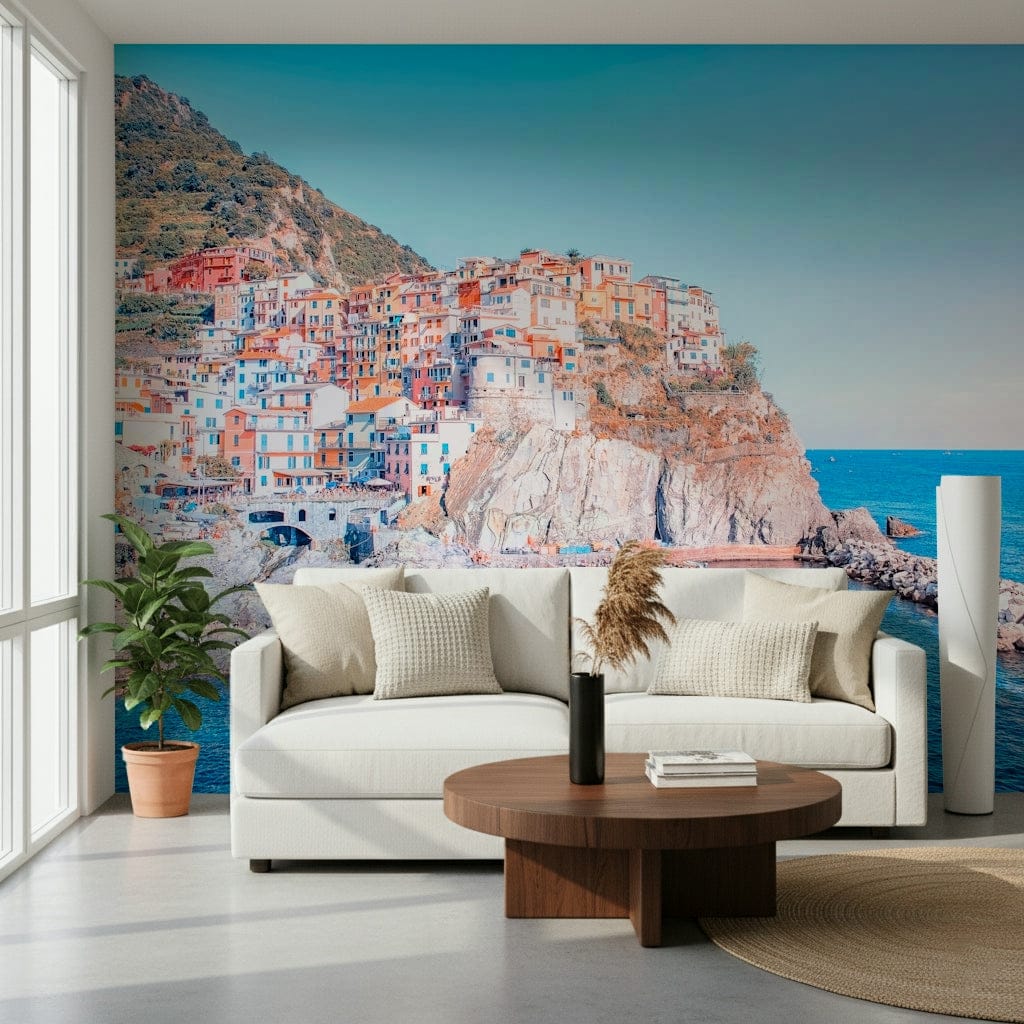 Scenic Italian Village peel and stick wallpaper coastal cliffs.