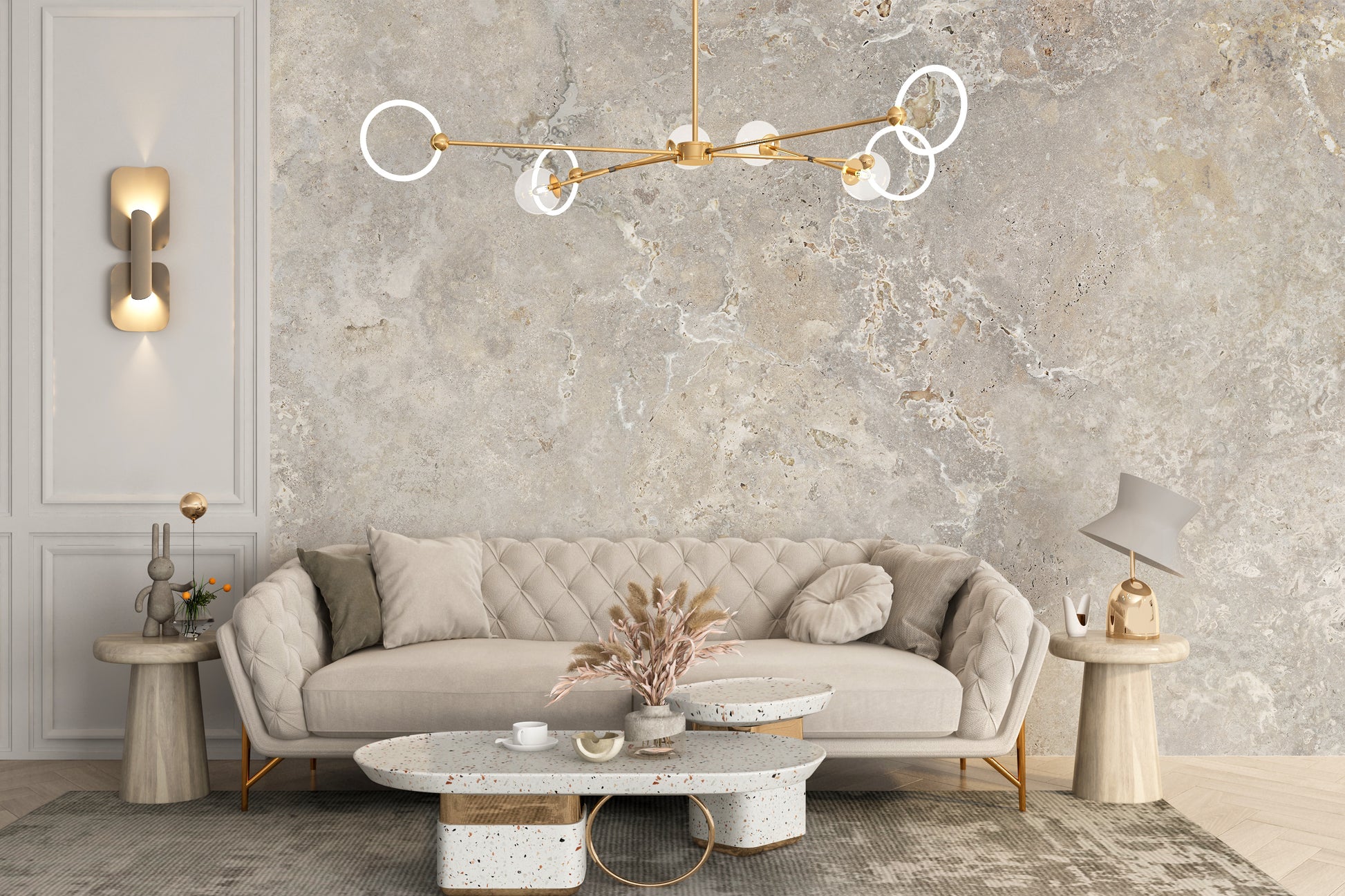 Ivory Color Marble Textured wallpaper mural styled along a hallway feature wall near a console in beige tones