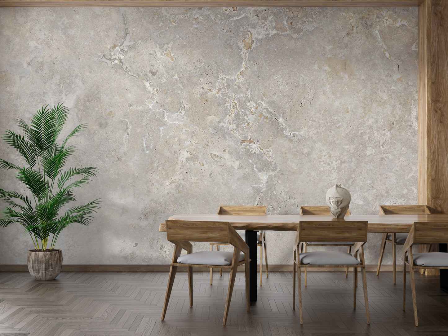 Ivory Color Marble Textured wallpaper mural as a feature wall in a home office workspace in beige tones