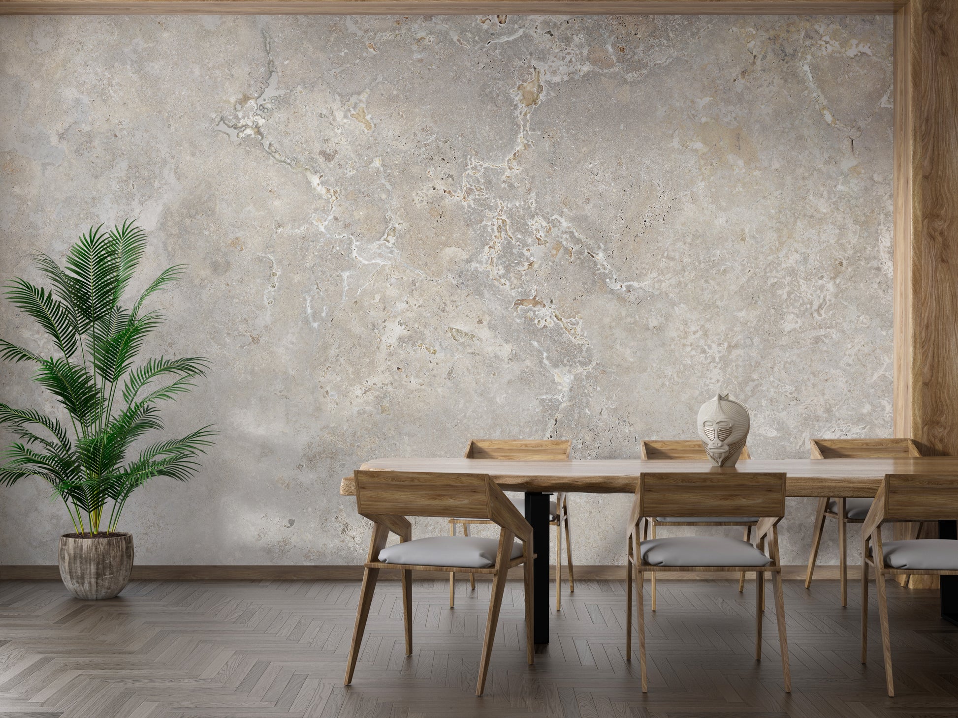 Ivory Color Marble Textured wallpaper mural as a feature wall in a home office workspace in beige tones