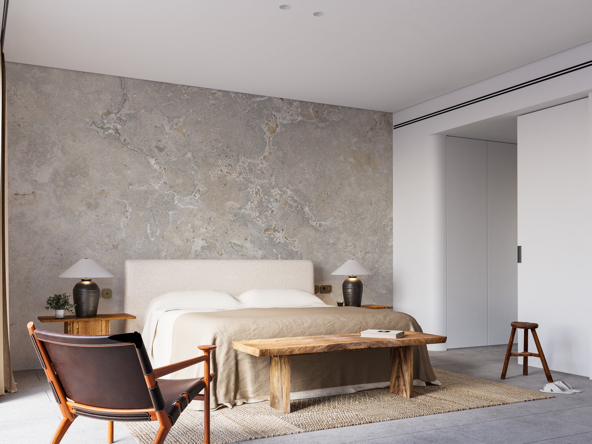 Ivory Color Marble Textured wallpaper mural styled as a feature wall behind a dining table and chairs in beige tones