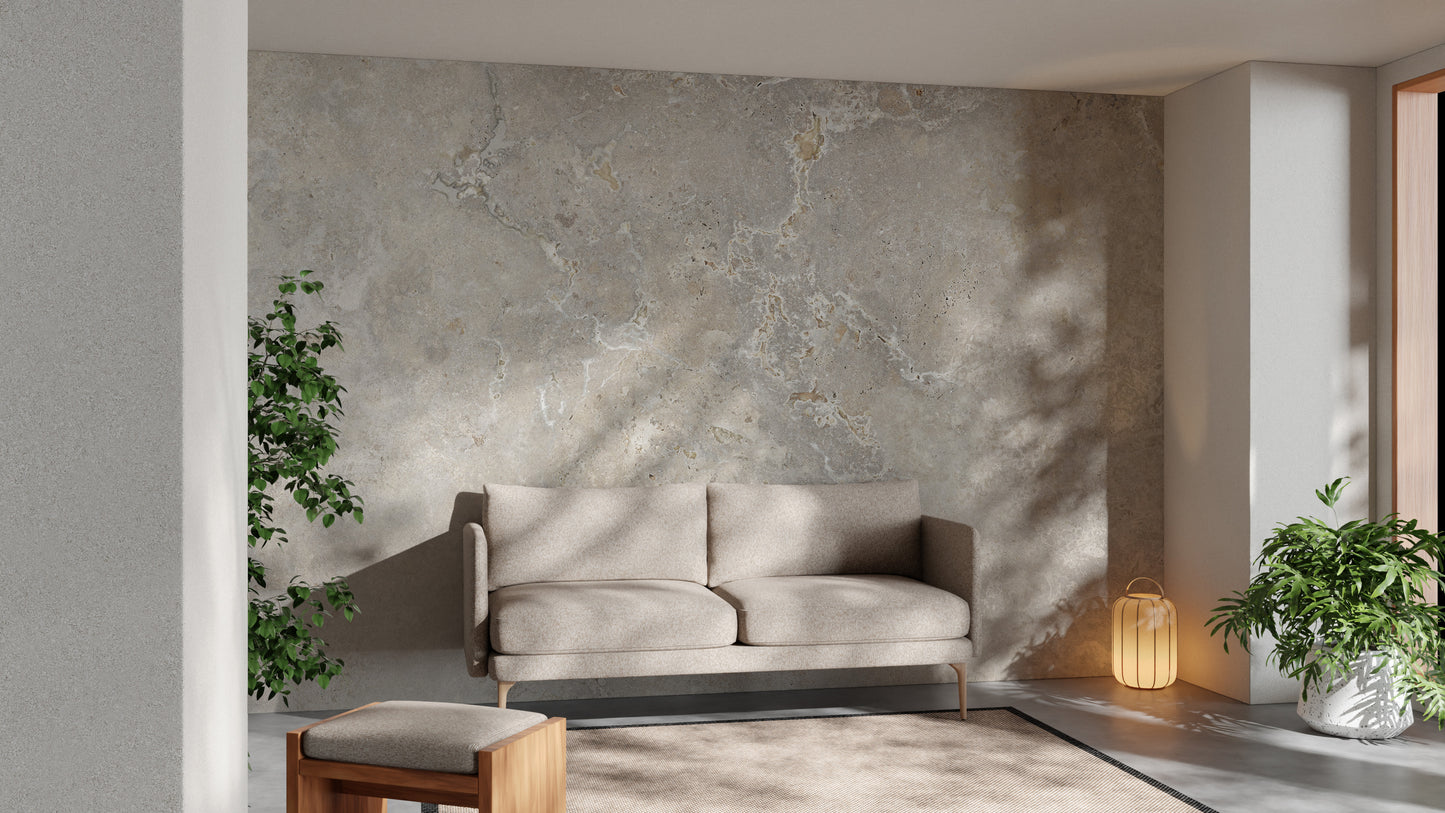 Ivory Color Marble Textured wallpaper mural as a bedroom feature wall behind the headboard in beige tones