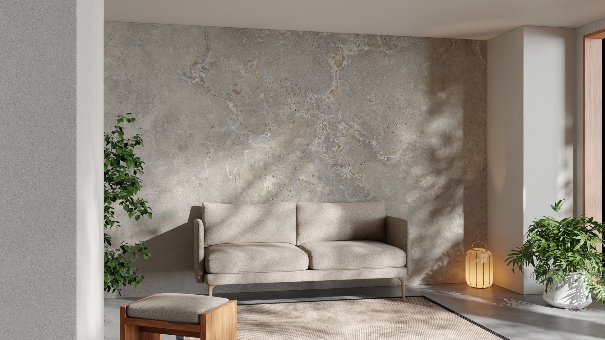 Ivory Color Marble Textured wallpaper mural as a bedroom feature wall behind the headboard in beige tones