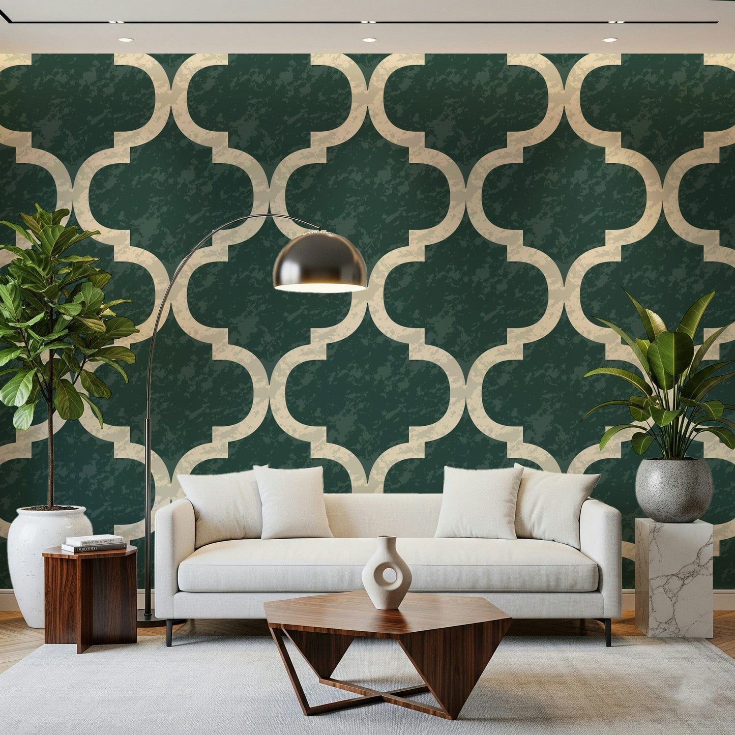 Classic Moroccan ogee wallpaper in rich ivy green