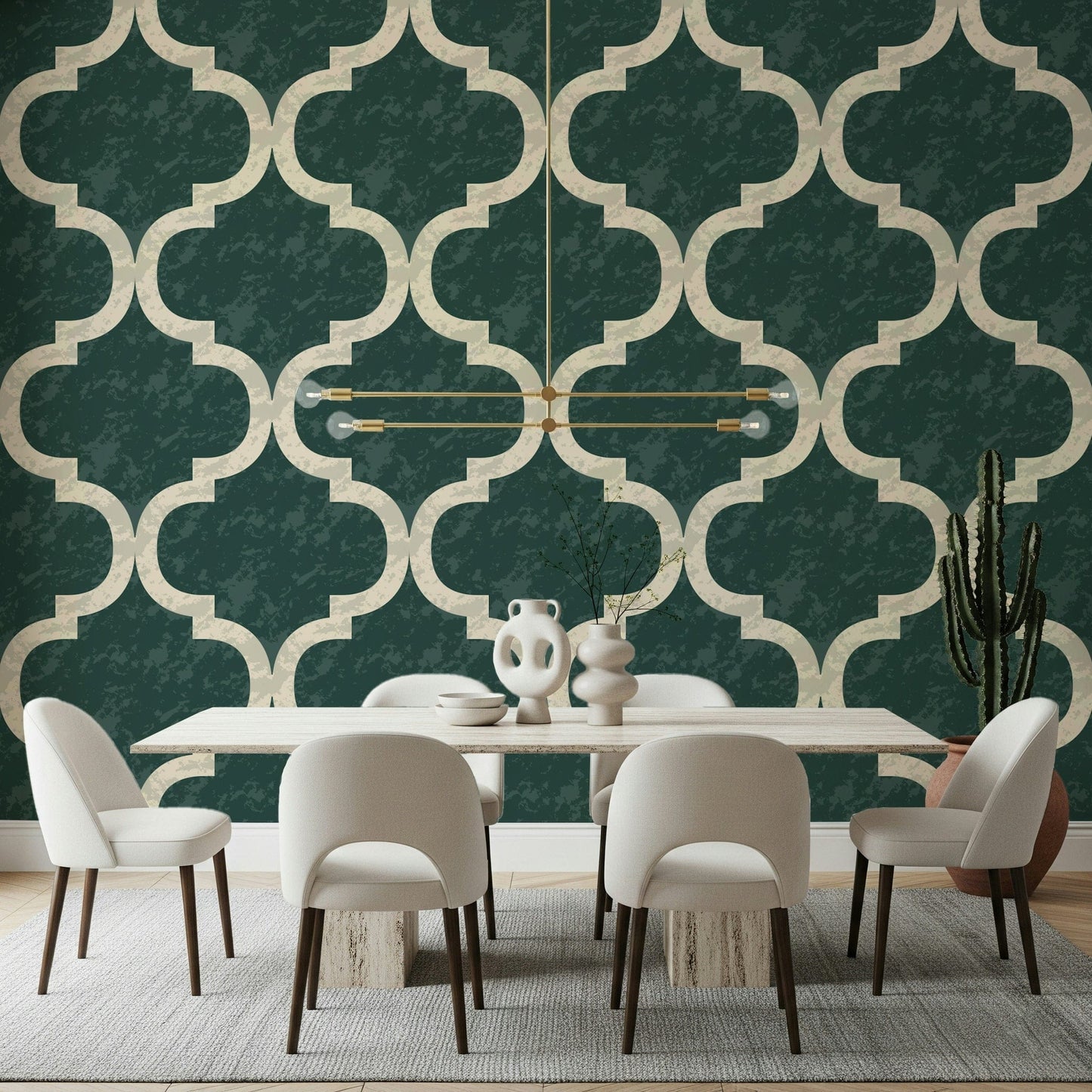 Boho Moroccan trellis wallpaper in earthy green tones