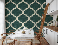 Deep green Moroccan trellis wallpaper with ogee pattern