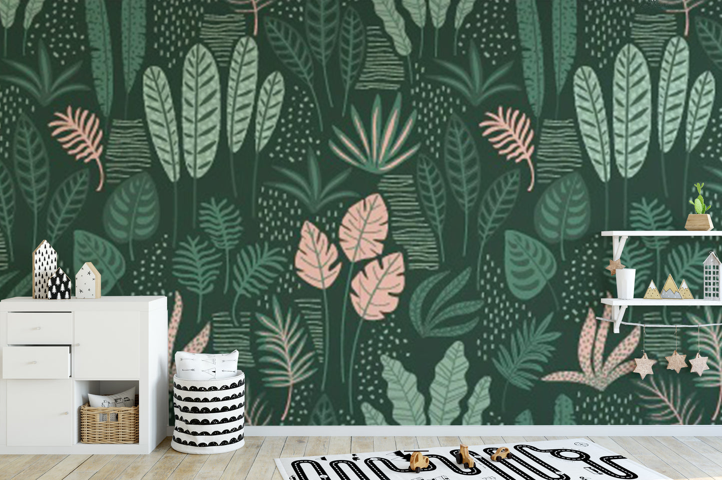 Jade Green Abstract Leaves wallpaper mural styled as a living room feature wall behind a sofa and seating in green tones