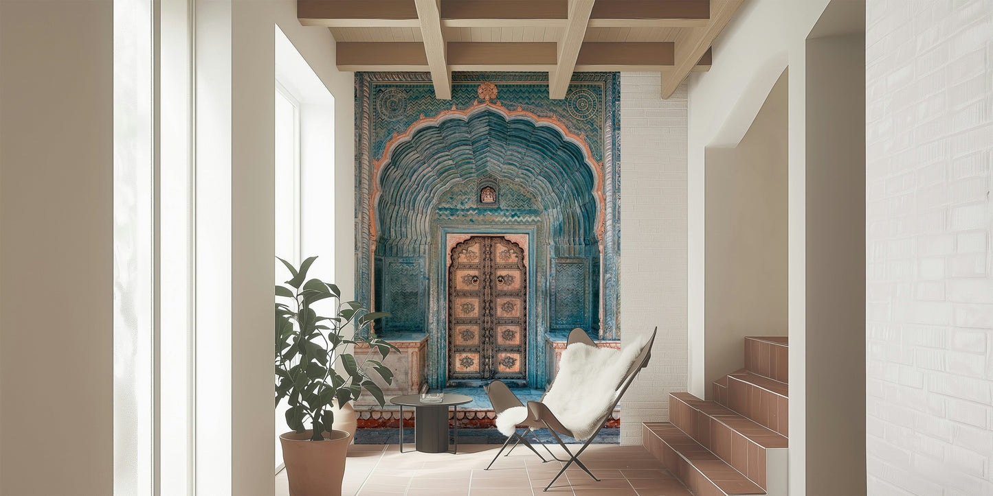 Jaipur Archway wall poster ornate Indian design vibrant blue carved structure.