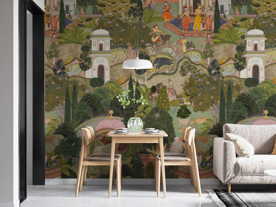Jaipur Garden wallpaper mural with green Mughal garden scene behind a light wood dining table in a bright dining room