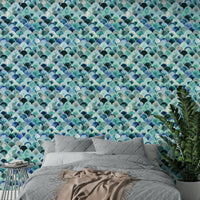 Retro wallpaper with Japandi blue Art Deco motif

