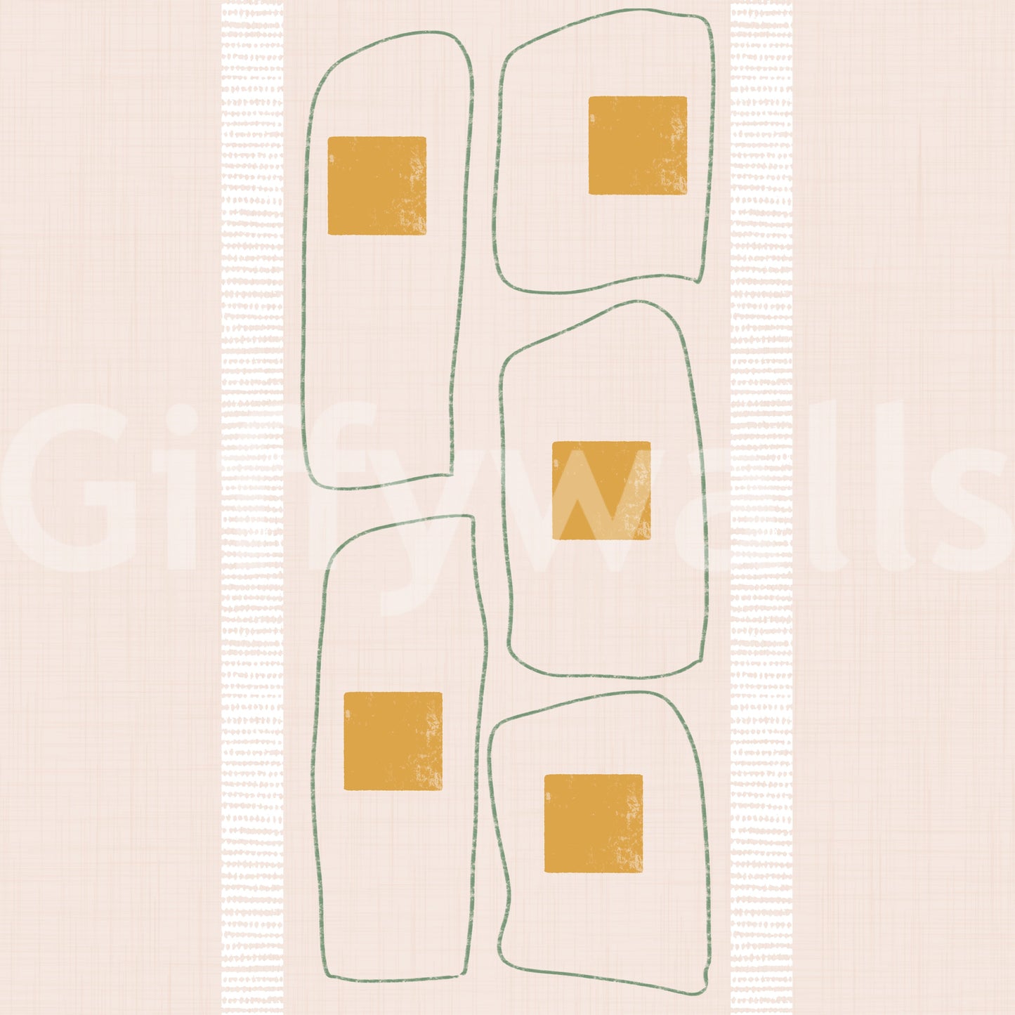 Japandi Frame Lines Eggshell wallpaper close-up showing green outlined frames with mustard squares on eggshell