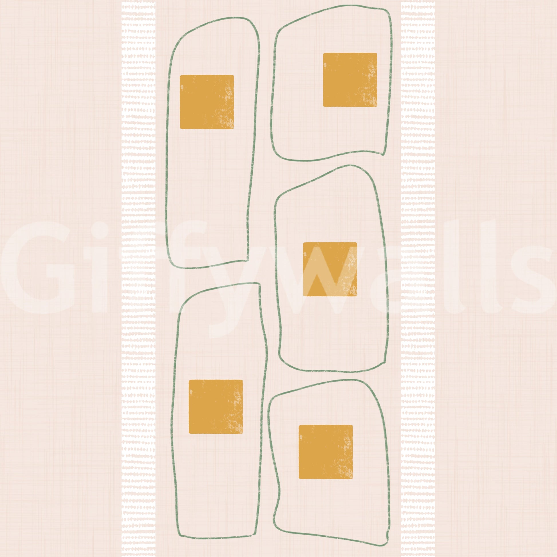 Japandi Frame Lines Eggshell wallpaper close-up showing green outlined frames with mustard squares on eggshell
