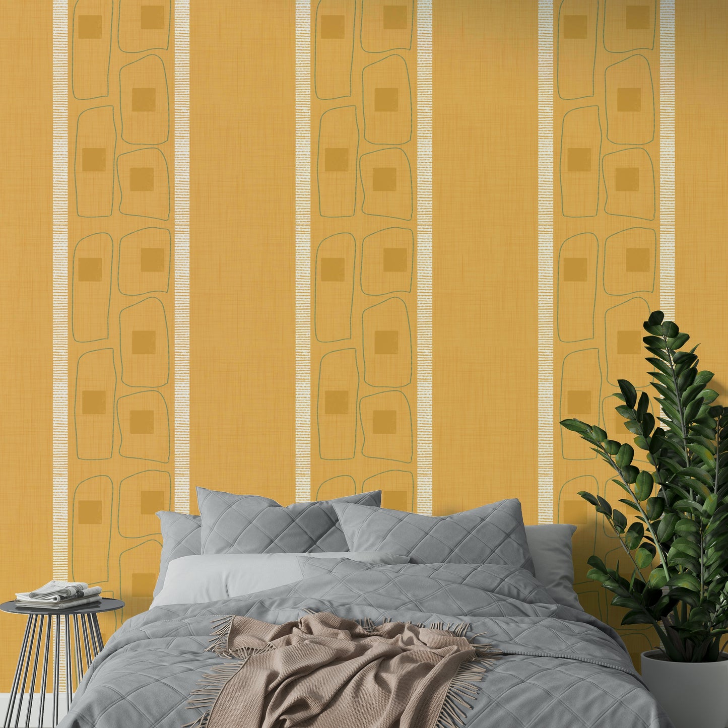 Golden ochre striped wallpaper in Japandi design

