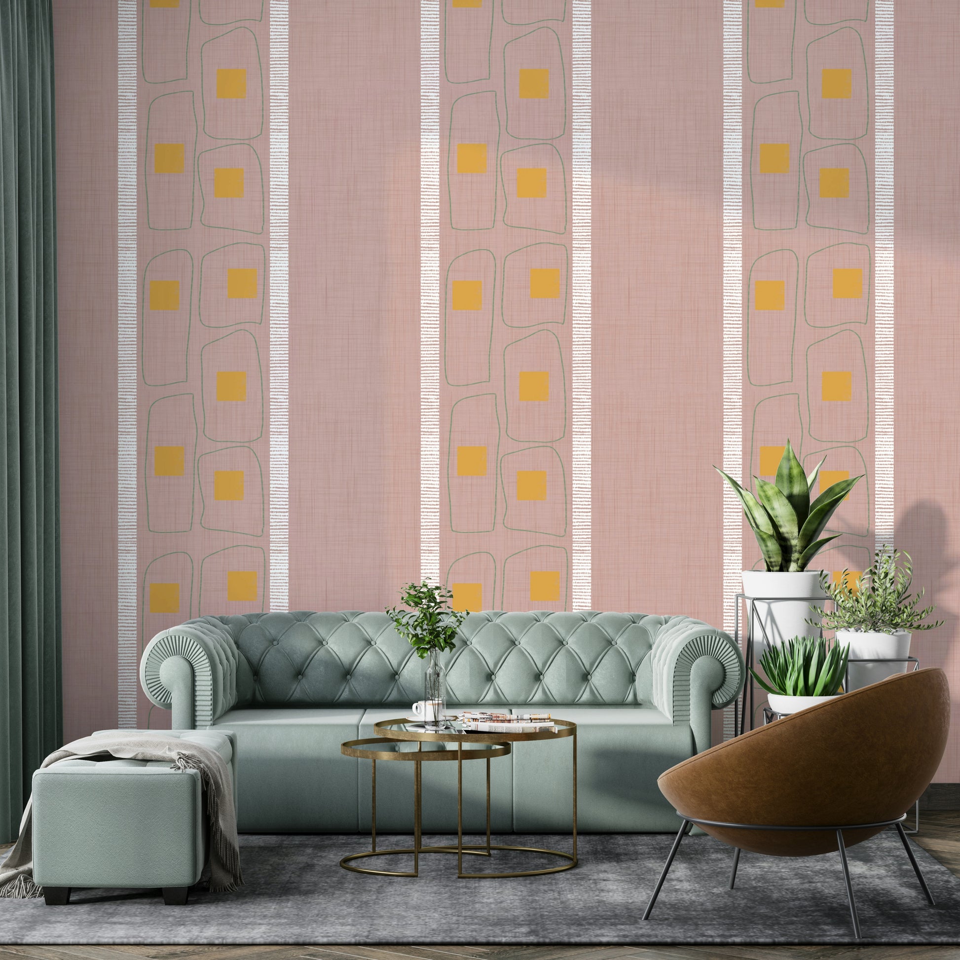 Japandi frame lines wallpaper in soft mauve tones

