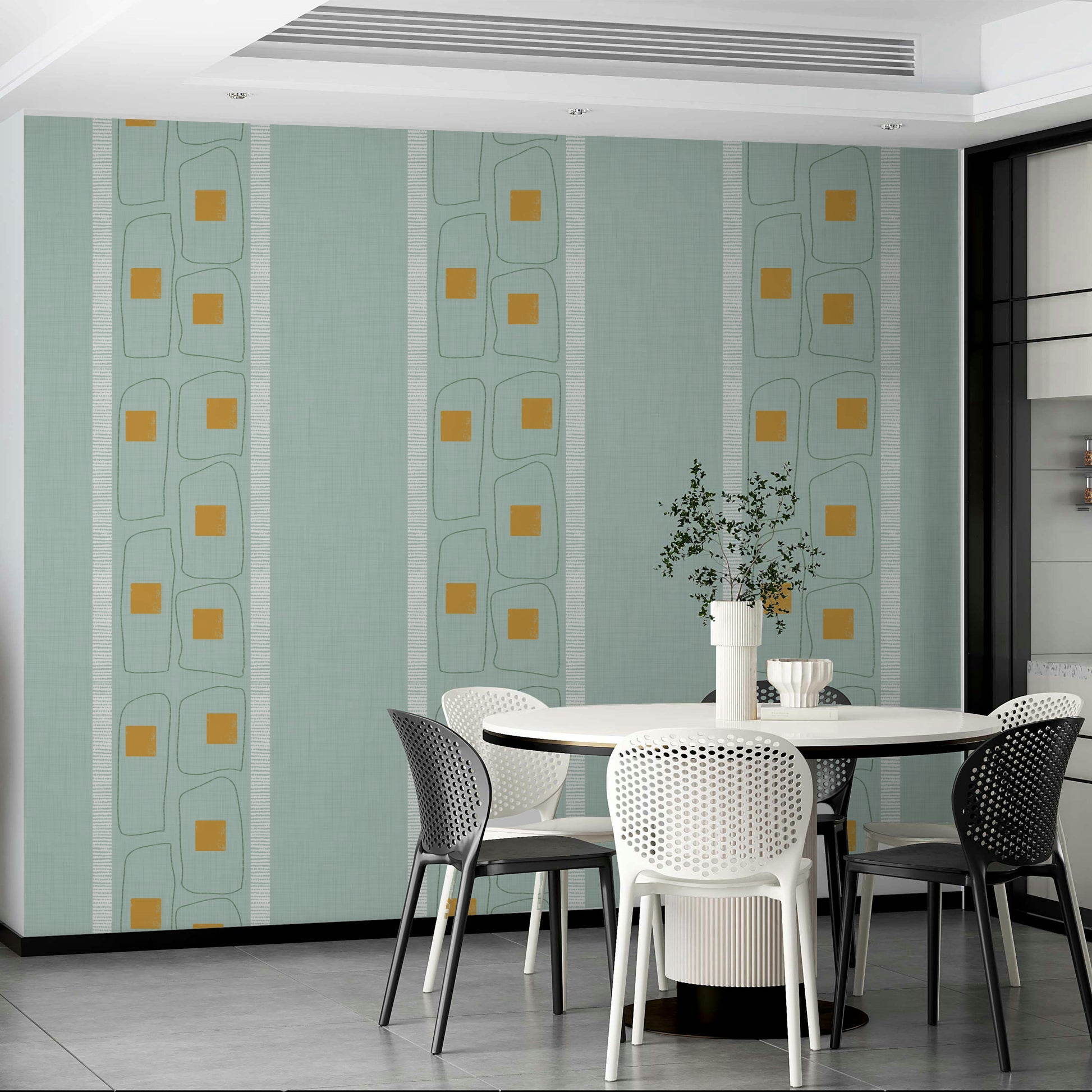 Japandi decor wallpaper featuring soft blue frame lines

